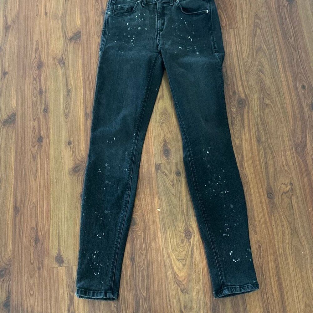 Mcquire black wash splatter paint high waisted skinny jeans size 26 stretch moto